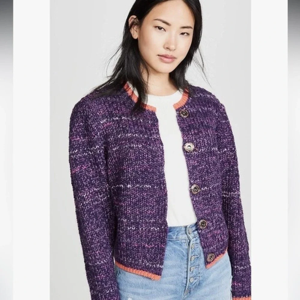 Free People Walk on By Purple Space Dye Wool Blend Chunky Knit Cardigan Large - Picture 9 of 9